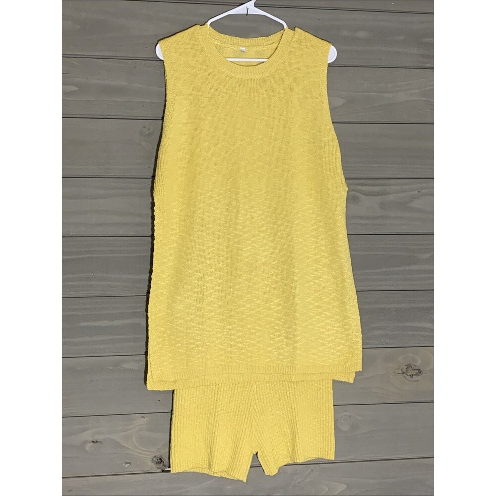 Boutique 2pc Sweater Short Set Womens L Yellow Loungewear Comfort Summer NWOT